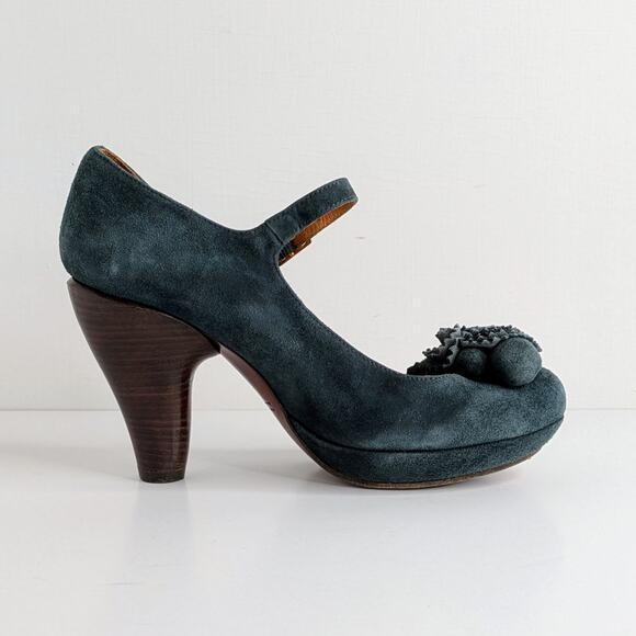 Chie Mihara Mary Jane Platform Heels 37 Blue Suede Floral Retro Glam Pinup - Picture 8 of 16